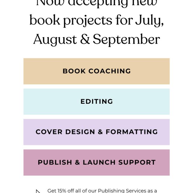 Your book deserves so much more than having to spend another year sitting in a folder on your computer. ♡

We’re now accepting new publishing projects for July, August, and September!

Whether you’re just getting started or you’re putting the finishing touches on your manuscript, we’d love to help you bring your book into the world with creativity, care, and professional support.

We currently have availability for:
✨ Book coaching ✨ Editing ✨ Cover design & formatting ✨ Publishing & launch support

Our goal is simple: to help you create a book you’re genuinely proud to share.

And if you’re a member of the Book Magic Mastermind, you’ll receive 15% off all publishing services, making it even easier to get the support you need throughout the publishing journey.

If you’ve been waiting for the right time to begin, this might just be your sign. 🤍

Send us a DM or visit the link in our bio to learn more and reserve your spot.

#selfpublishing #bookcoach #amwriting #writerscommunity #authorlife